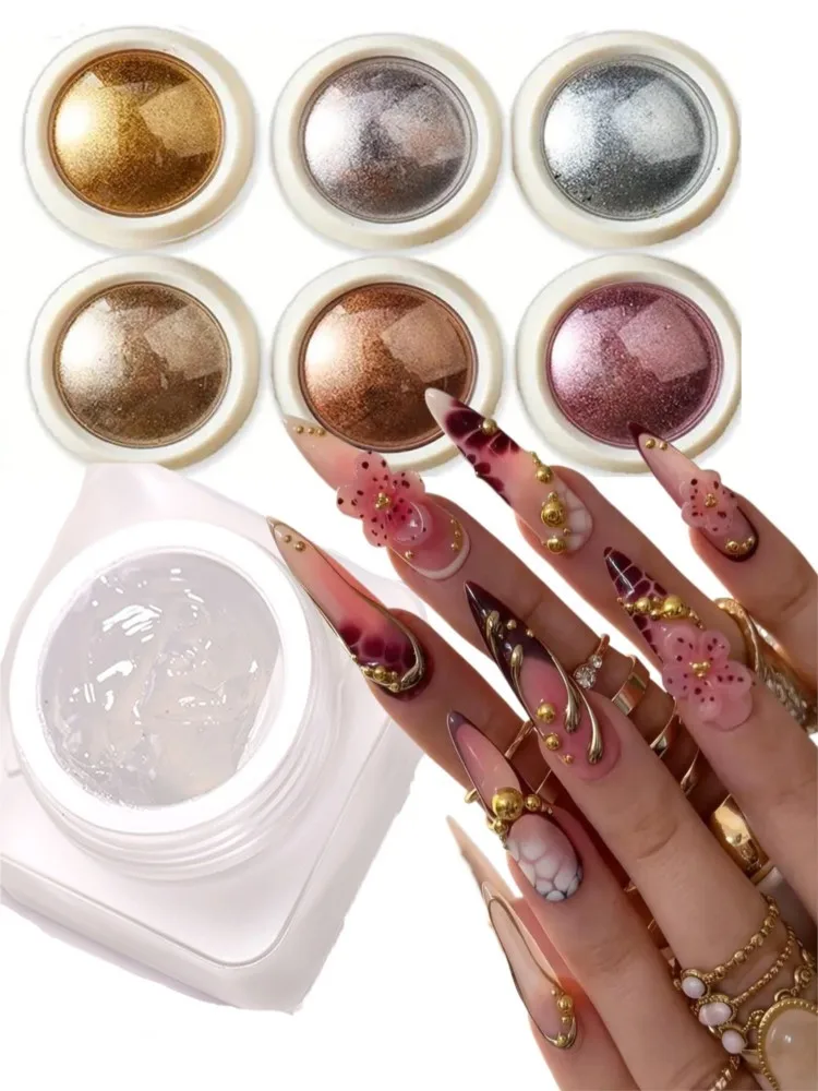 مجموعة واحدة من جل بودرة المرآة السحرية - 1 برطمان بدون مسح جل أظافر نحت 5D مع 6 ألوان بودرة كروم مرآة سحرية
