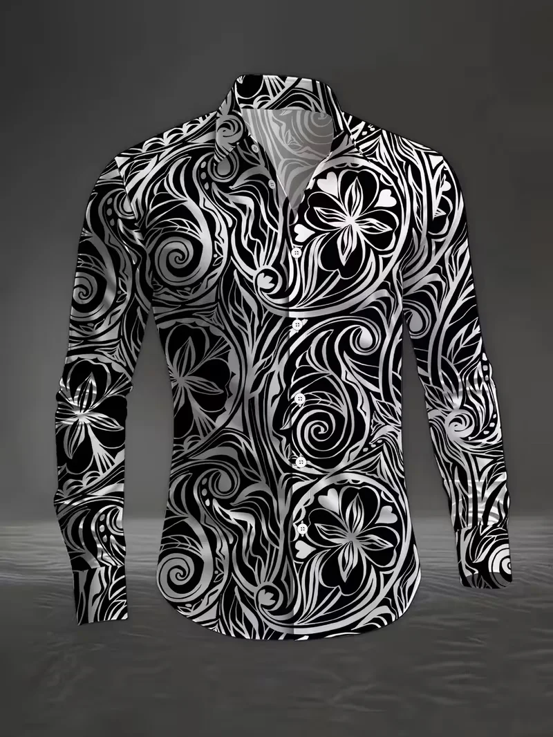 Men Long Sleeve Shirt Abstract Swirl Floral Art Print Turn‑down Collar Button‑up Black‑white Tone Casual Banquet Party Top