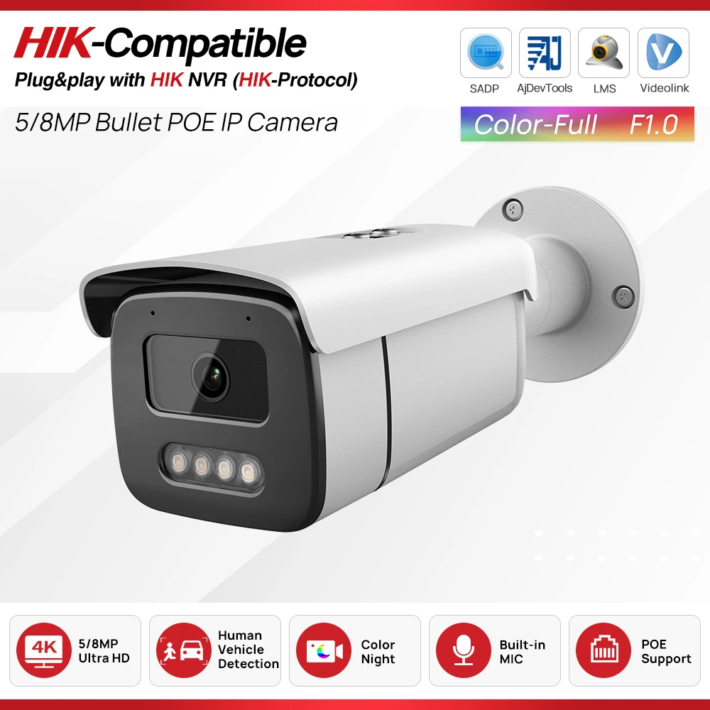 

4K Full Color Night Camera 8MP ColorVu Bullet Security Camera 5MP PoE Built-in Mic Video Surveillance Hikvision Protocol