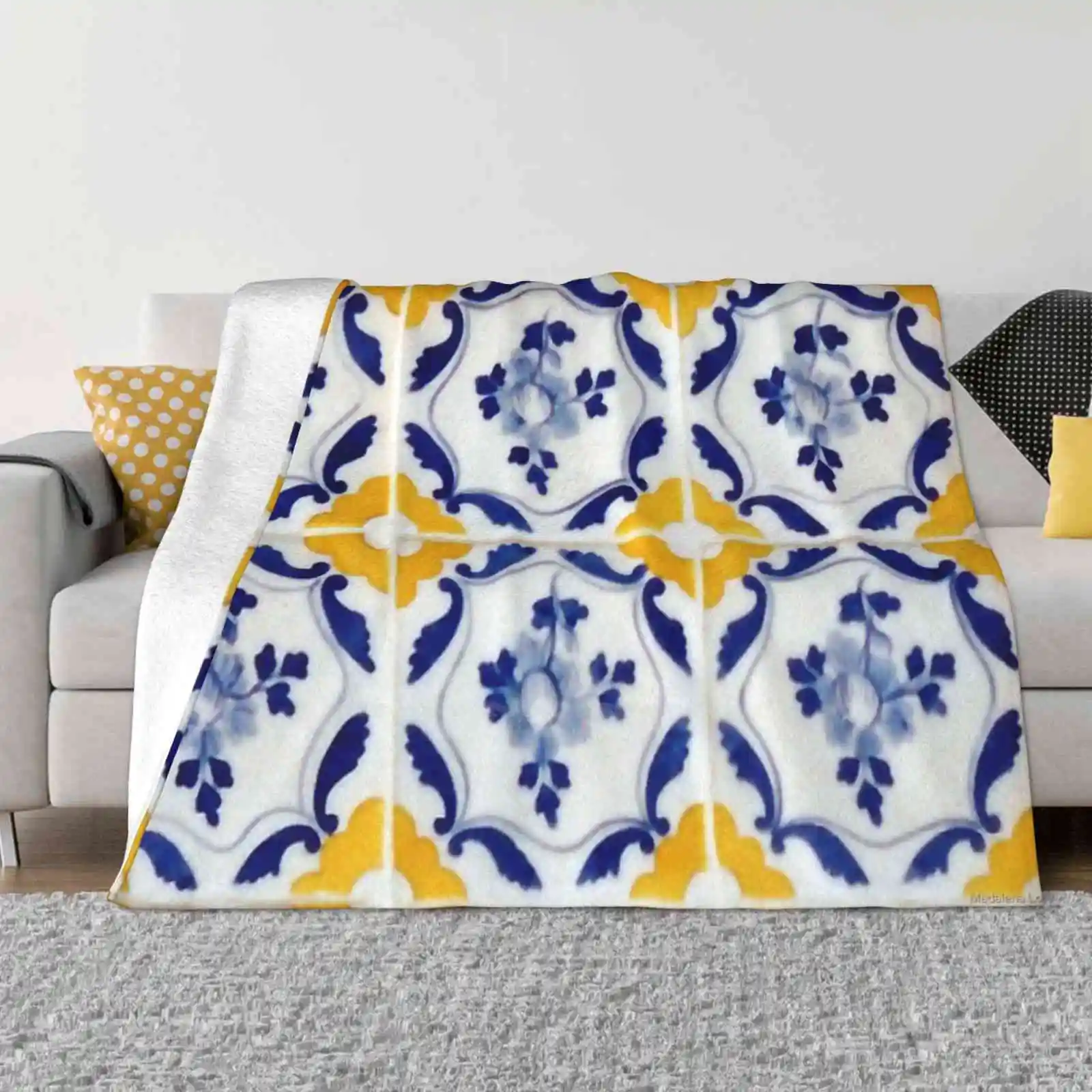 Portuguese Blue And Yellow Tiles Super Warm Soft Blankets Throw On Sofa/Bed/Travel Portuguese Tile Flower Barroque Tile Porto