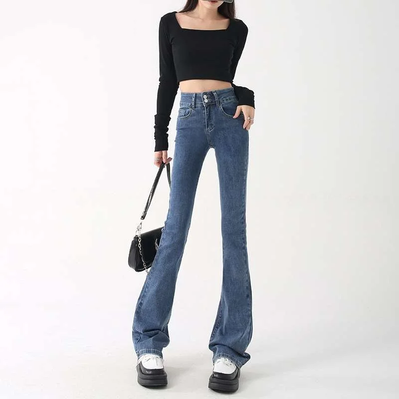 

Новые весенние джинсы с высокой талией и двойными пуговицами, расклешенные джинсы, женские джинсы из эластичной ткани черного цвета, женские джинсы из искусственной ткани