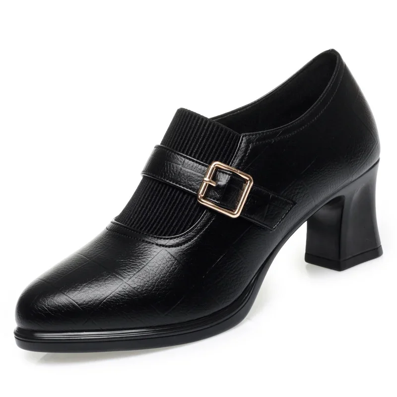 Autumn Fashion Comfort Deep Mouth Soft Leather Shoes Women Pumps 2025 Spring Block Heels Shoes for Office Mom Model Daily