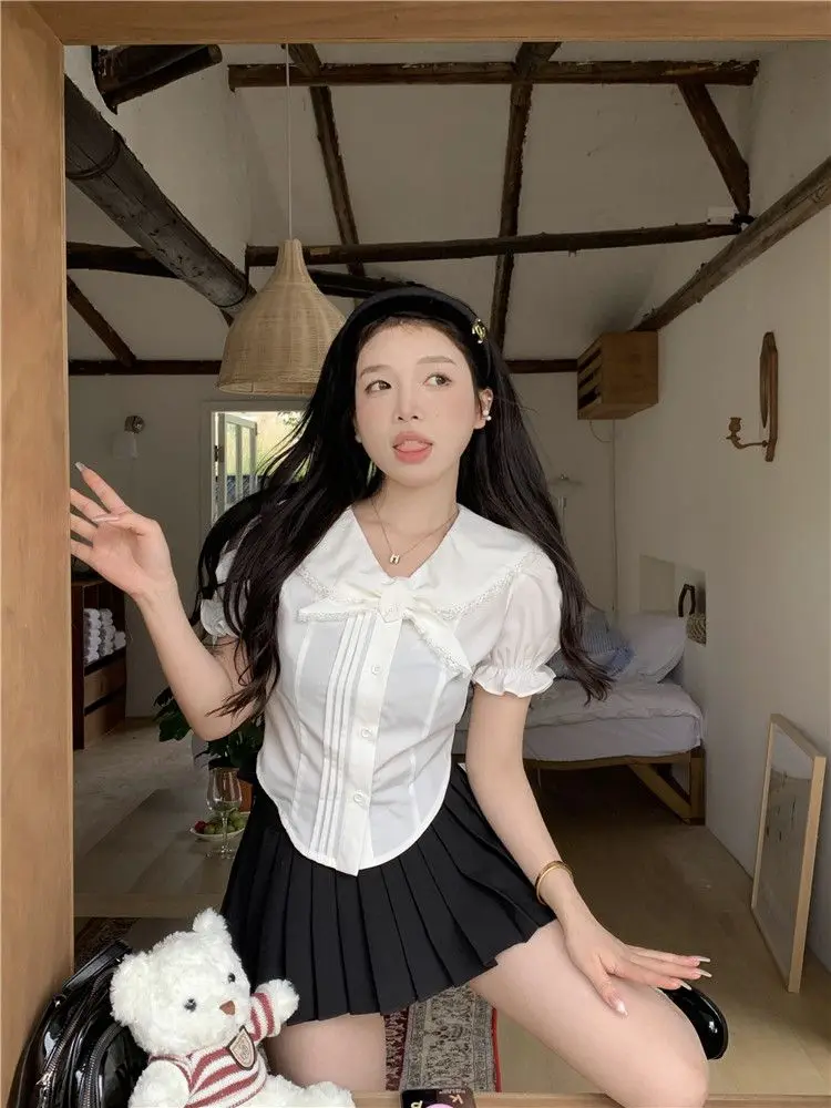 بلوزات حلوة 2025 ملابس نسائية بياقة بيتر بان قمصان بيضاء قطع علوية قصيرة Camisas De Mujer بلوزة صيفية بأكمام منتفخة #4