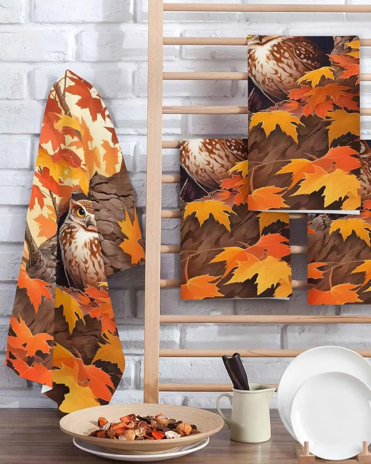 

День Благодарения Сова Осень Оранжевый Кленовые Листья Кухонная Блюдо Чайные Полотенца Чистящие Средства Впитывающие Рушники Для Рук Набор Украшения Для Дома