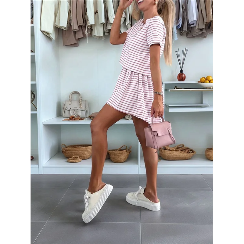 ASDS-robe d'été rayée pour femmes, col rond, manches courtes, bloc de couleurs, décontractée, ligne A, t-shirt, 2025