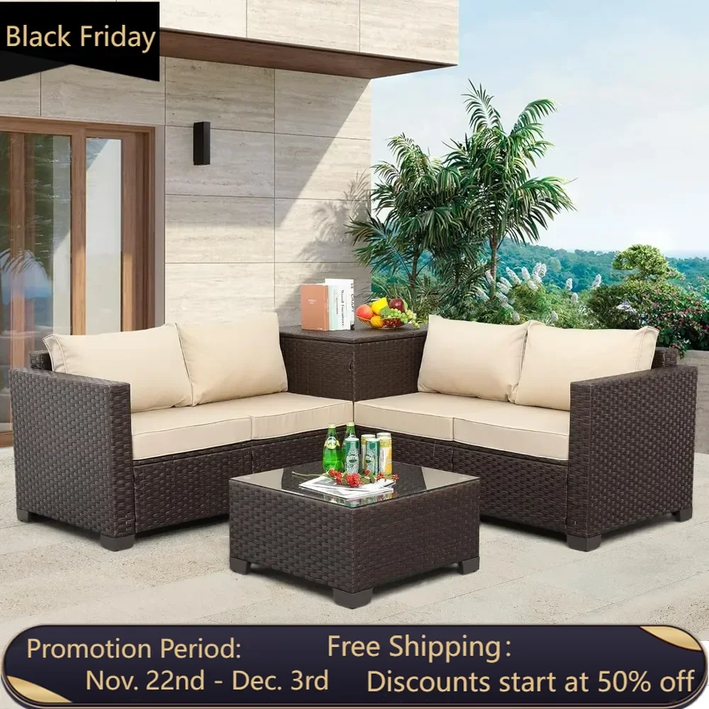 

Willow furniture set of 4 outdoor brown rattan sectional conversation sofa chairs, with storage box, table, and khaki cushion