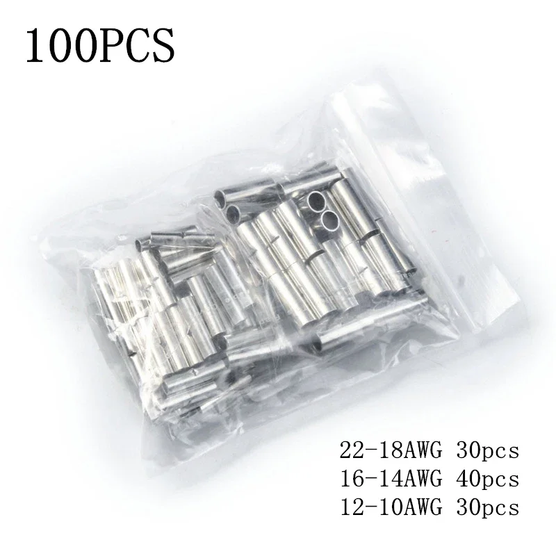 Conector de cable a tope AWG 22-10, empalme estañado cobre, crimpado Terminal manguito, terminales desnudos, Kit  con