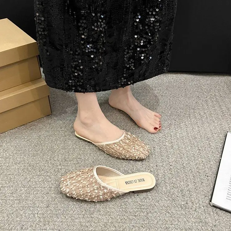 Summer Sequins High-End Temperament Casual Flat Bottomed Cool Slippers Half Flip Flops Shoes for Women