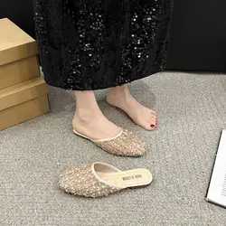Summer Sequins High-End Temperament Casual Flat Bottomed Cool Slippers Half Flip Flops Shoes for Women