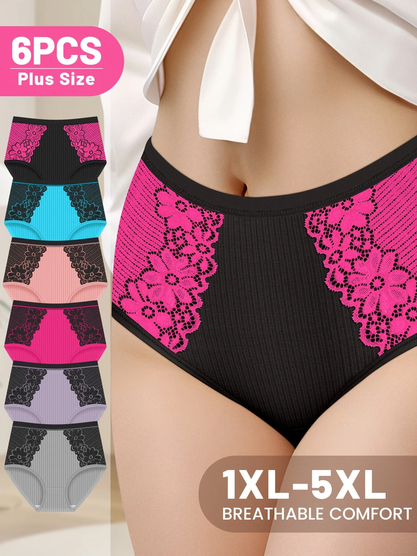 

6-Pack MIOTAN Plus Size Cotton Panties, Elegant Ribbed Striped High-Waist Underwear with Lace Border, Breathable Comfortable Kni