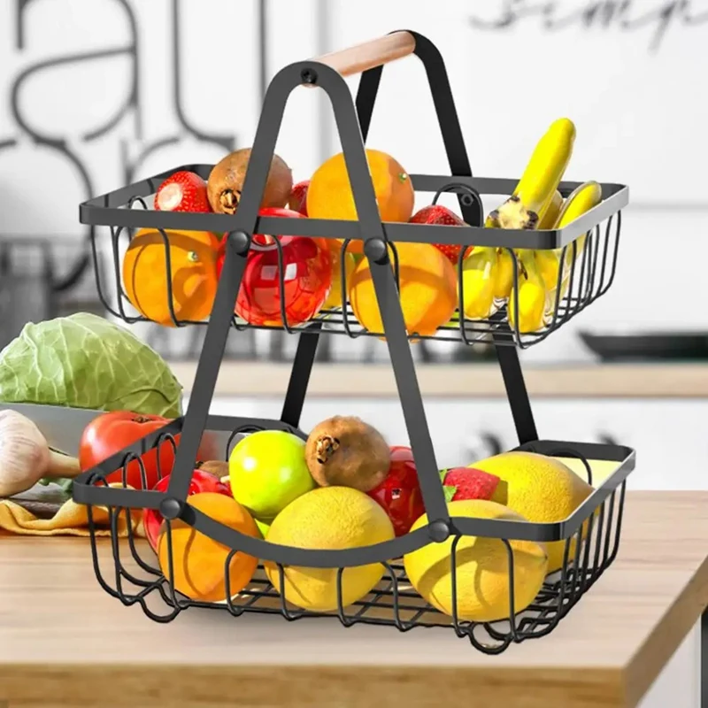 Enjoy New Double Layer Fruit Basket With Wooden Handle Multifunctional Storage Rack Countertop Organizer Heavy Duty Metal Fruit