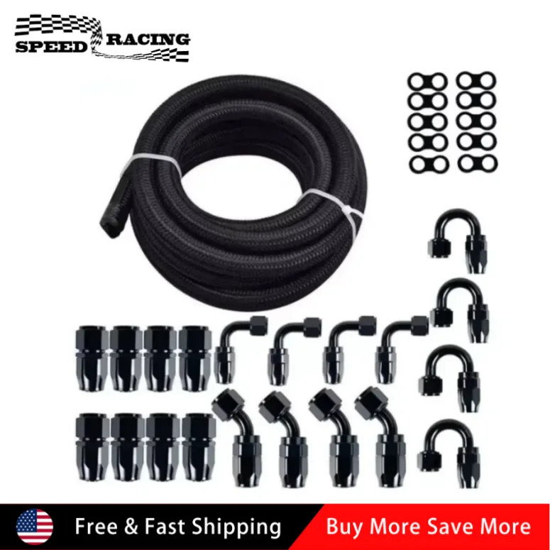 

Универсальный комплект топливопровода 30 футов AN10 CPE из нержавеющей стали и нейлоновой оплетки, прямые фитинги для топливного шланга 45 90 180 градусов, черные