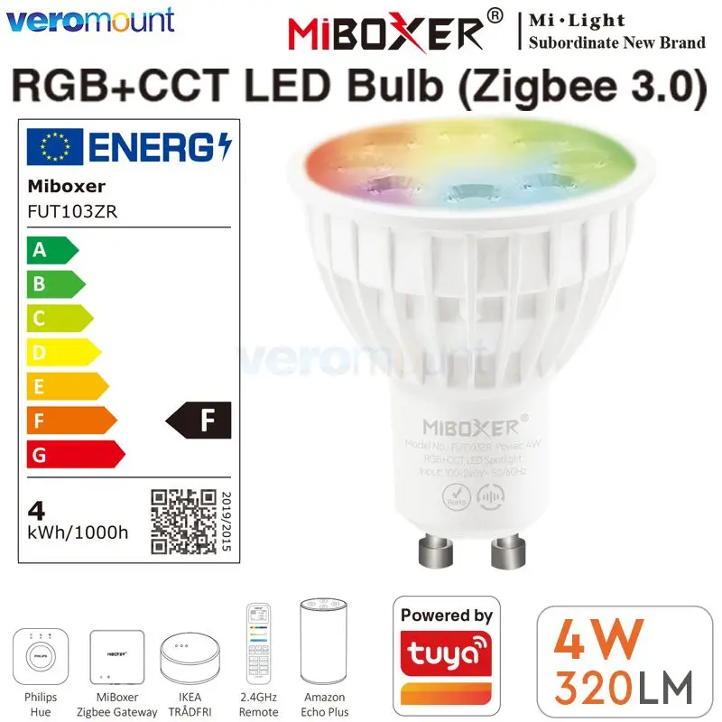 

Miboxer FUT103ZR 4W GU10 RGB+CCT LED Spotlight Light Dimmable Bulb Lamp Smart APP/Voice/2.4G/Zigbee 3.0 Remote Control 110V-220V