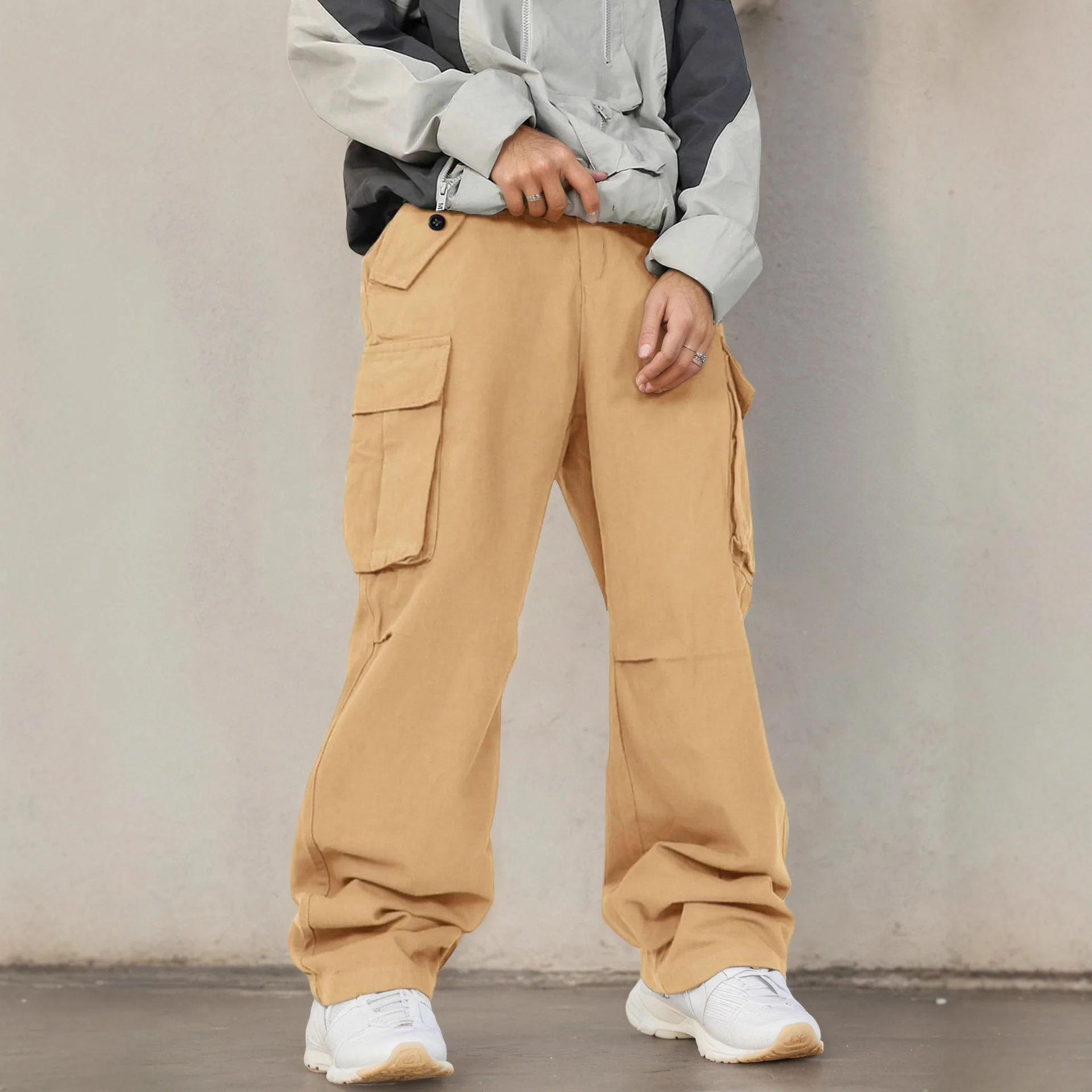 

Men's Vintage Cargo Pants Flare Leg Utility Workwear Pants Large Pockets Military Style Casual Trousers Outdoor