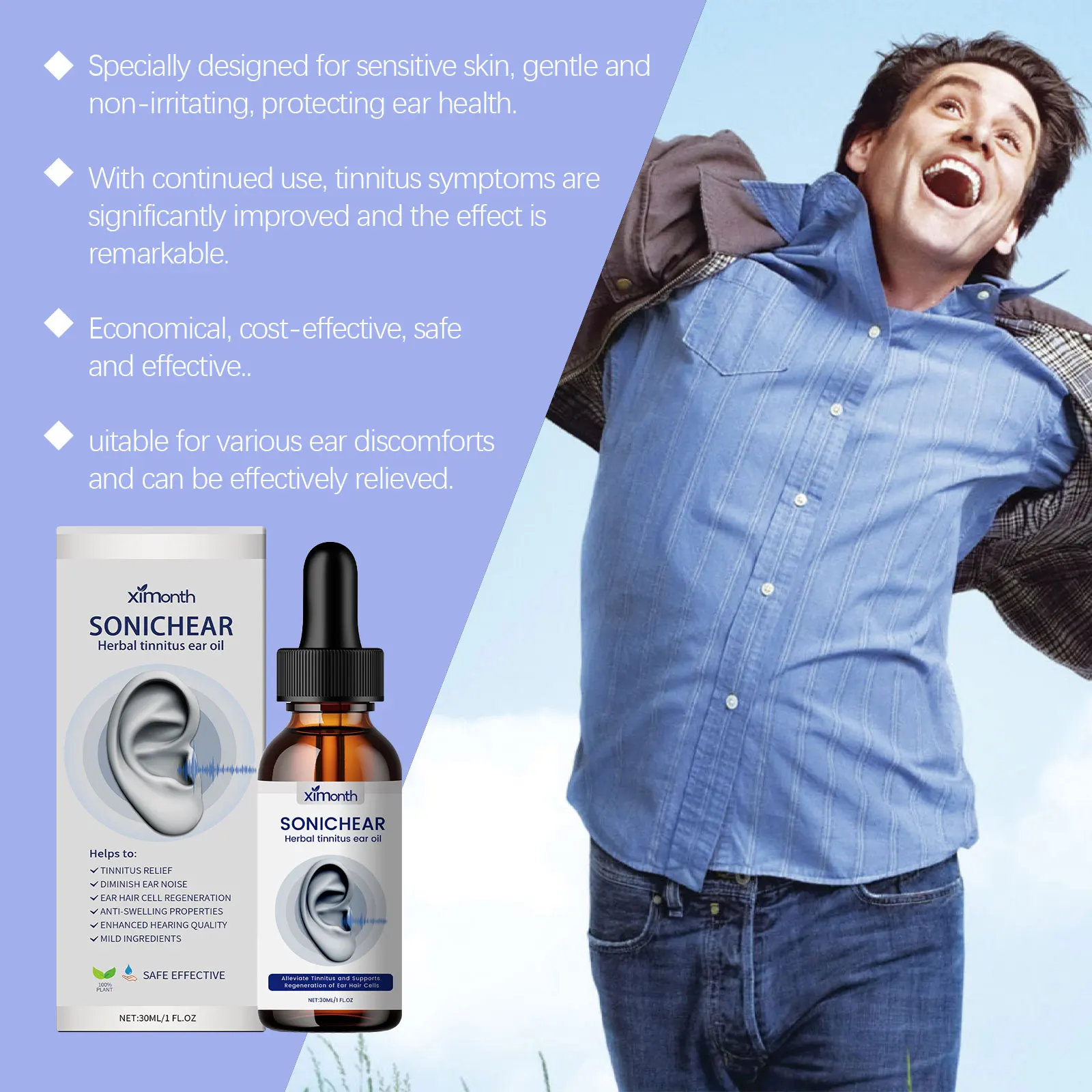 Ear drops care solution reduces inflammation, protects hearing, improves ear health, reduces itching, earache, relieves tinnitus