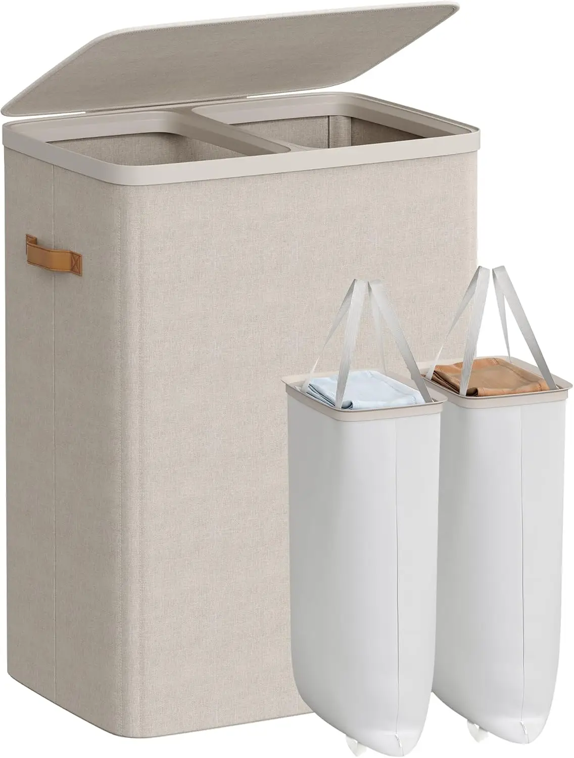 

2-Compartment Laundry Basket with Lid, 44.9 Gal Capacity, Easy Assembly and Removable Liners, Cappuccino Beige