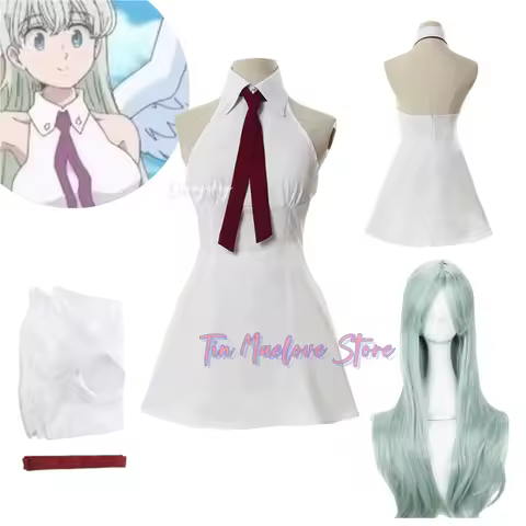 Anime Sins Wrath of The Gods Cosplay Costume Elizabeth Liones Women White Sleeveless Dress Halloween Outfit