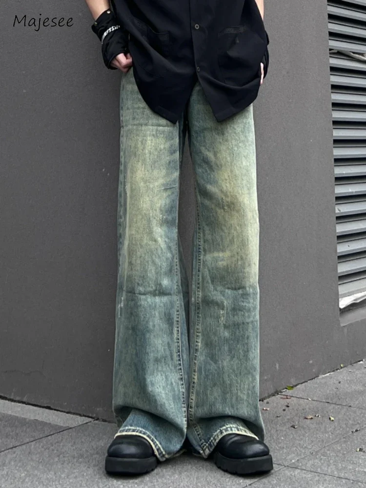 Wide Leg Jeans Men Loose Full Length Mid Waist Bleached Washed Teenagers European Style Retro Harajuku Prevalent Minimalist Chic