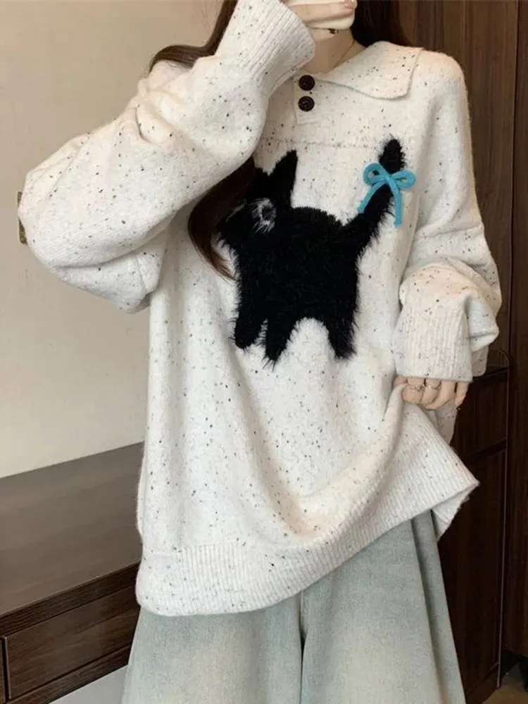 Suéteres con lazo de dibujos animados para mujer, Jersey holgado Vintage de manga larga de punto Kawaii, jerséis Retro informales de estilo pijo japonés