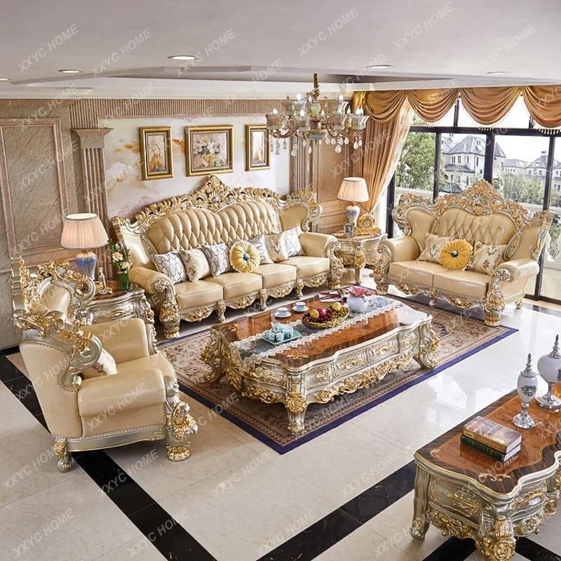 

Sofa Leather Solid Wood High-End Villa Living Room Set Solid Wood Carved Large Apartment sofa set living room furniture couch