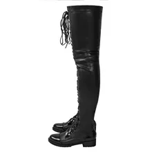 Size 46 Lace-up Over The Knee Boots Low Heels Women Shoes 2024 Autumn Winter Pu Leather Punk Boots Lady Shoes