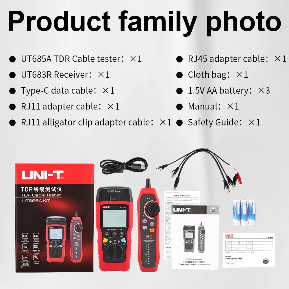 UNI-T TDR Kabeltester UT685A KIT Netwerkkabelzoeker Draadzoeker Detector LAN-tester voor RJ45 RJ11 Lijnzoeker