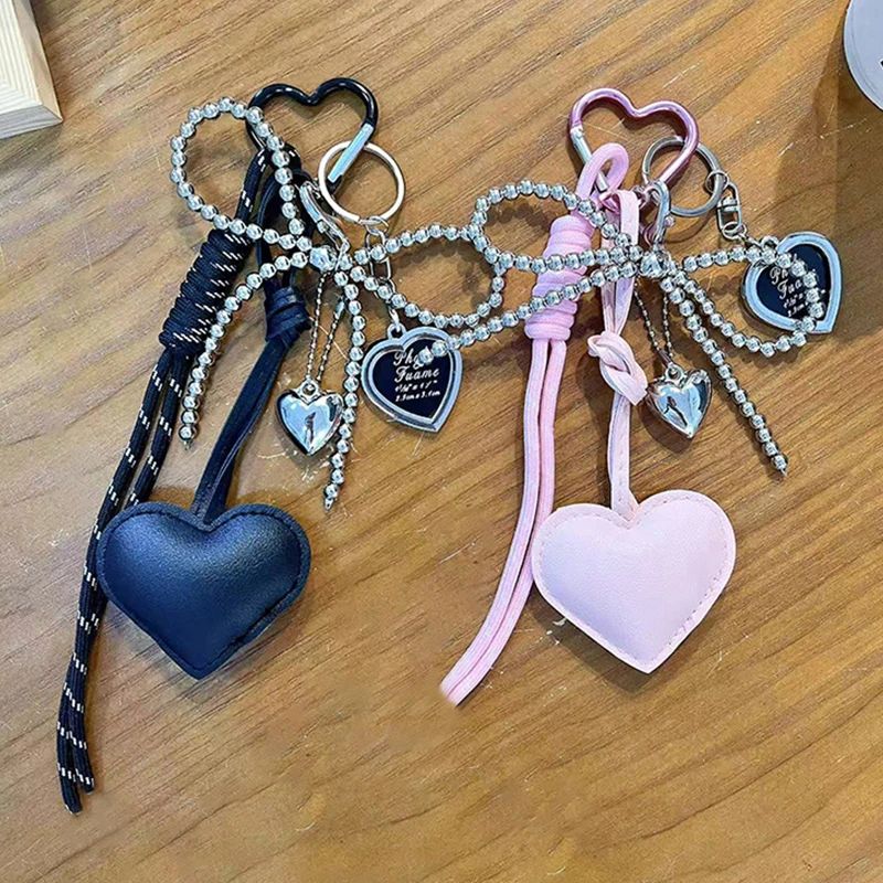 Trendy Leather Heart Bow Keychain Delicate Beaded Keyring Car Key Holder Bag Pendant Decoration For Girls Gift