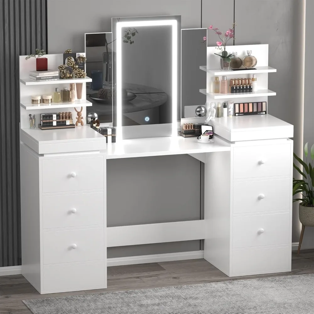 طاولة مكياج فانيتي مقاس 57.1 بوصة مع طاولة مرآة مضاءة مع مرآة ثلاثية الطي، 8 أدراج، 3 أوضاع إضاءة، أرفف تخزين مفتوحة، V