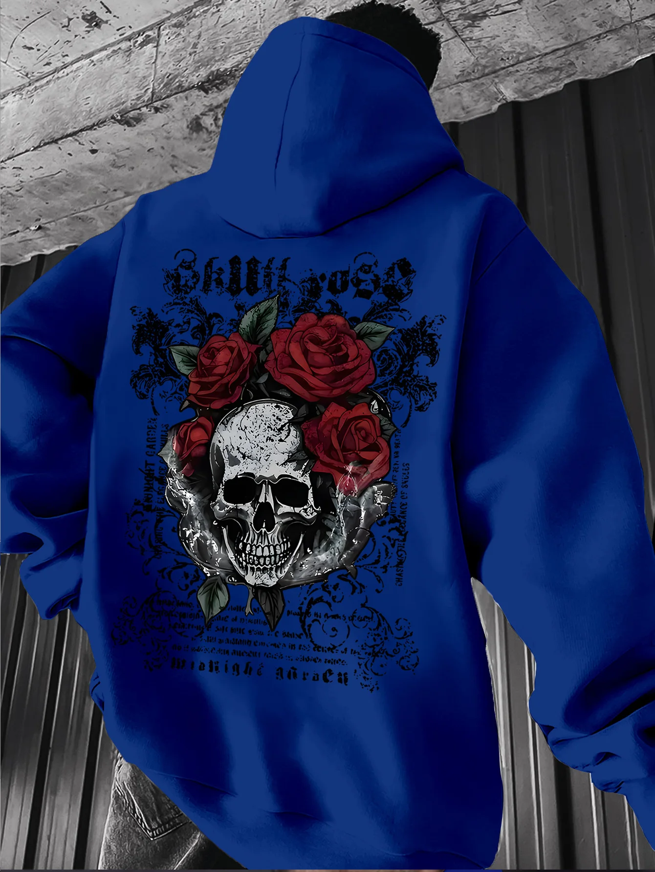 Gothic dark aesthetic men's hooded sweatshirt with distressed skull and rose art pattern print, comfortable and casual style