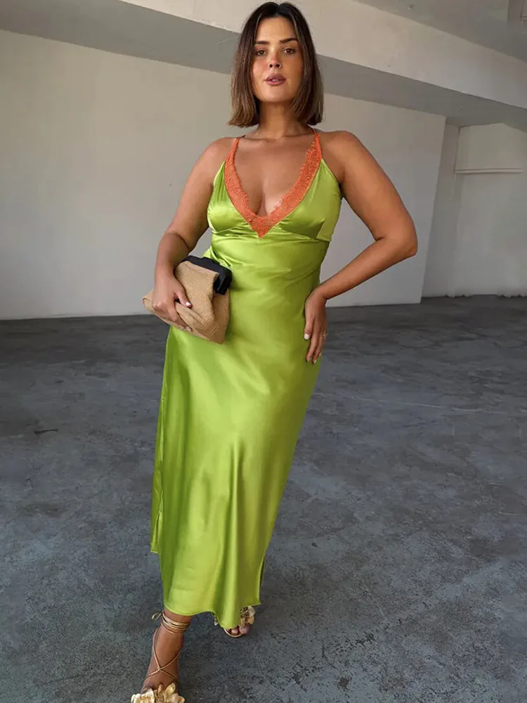 

Apprabant Women's Lace Patchwork Satin Maxi Slip Dress Deep V-Neck Sexy Backless Sleeveless Contrast Slim Long Dress Partywear