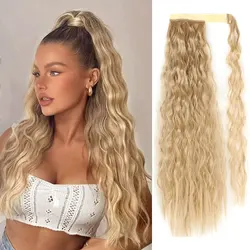 MERISIHAIR-Cauda De Cavalo Ondulado Longo De Milho Sintético para Mulheres, Envolva Em Torno De Cabelo, Extensões De Cabelo, Cauda De Pônei Preto E Marrom