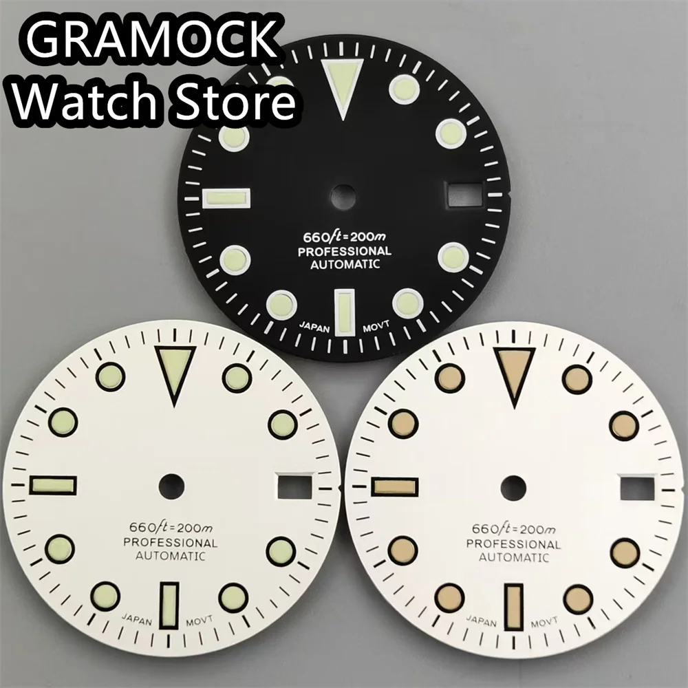 GRAMOCK 29mm Sterile Watch Dial White Black Dial Green Luminous Fit NH35 NH36 Movement Watches Accessories