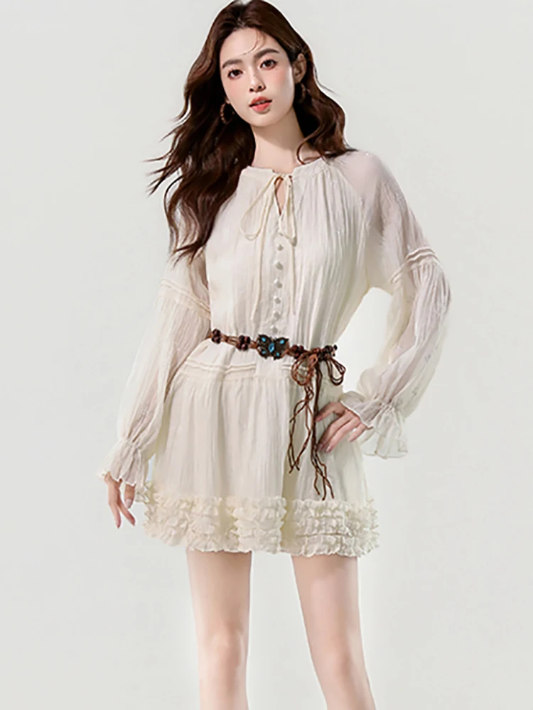 

Осеннее белое облегающее короткое платье с длинными рукавами и бантом, женское элегантное праздничное платье с рюшами, 2024, корейская мода, роскошные платья