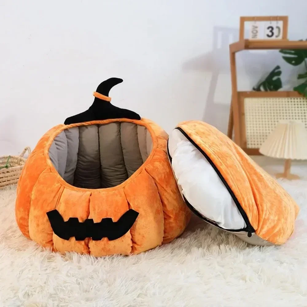 Cat Cushion Bed Halloween Pumpkin Cute Cat Nest Sofa Winter Pet Tent Cave Bed for Dogs Pet Supplies Kennel Cat House Soft Cozy