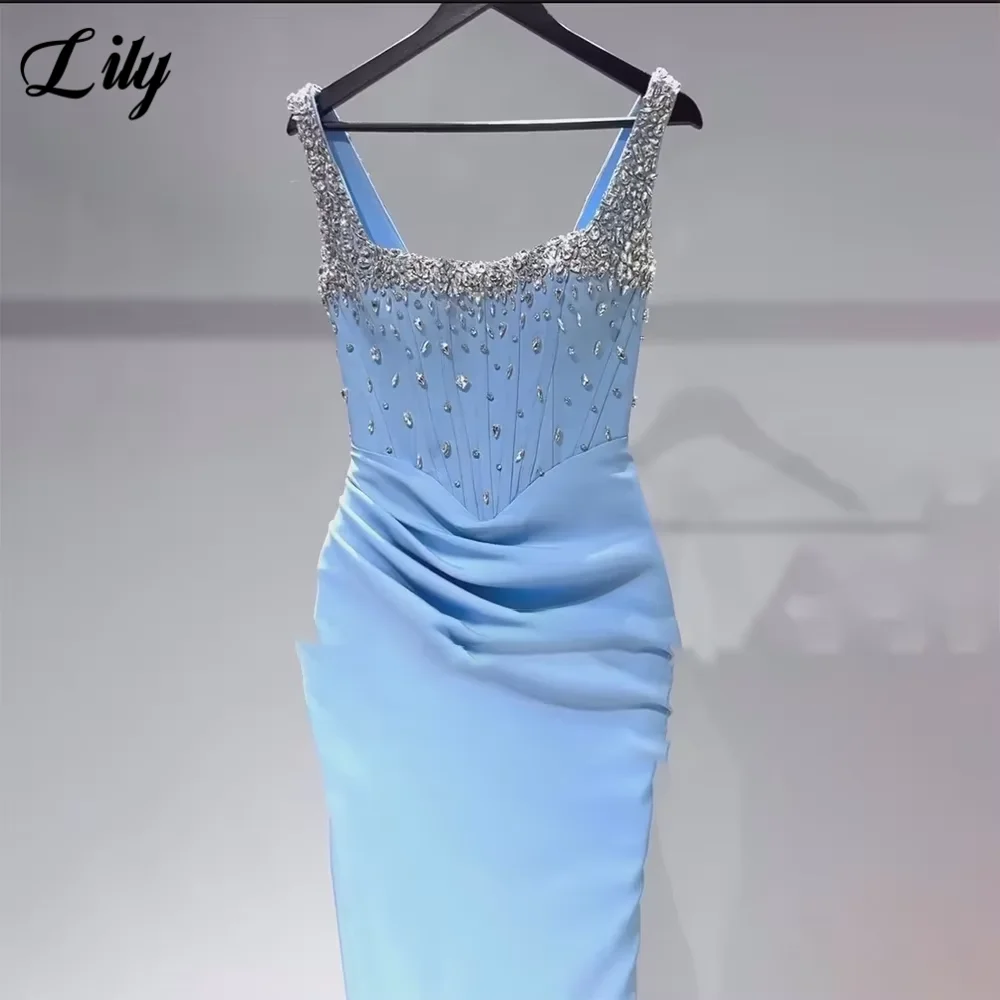 Lily Light Blue Elegant Prom Dress Satin Side High Split Evening Dresses Shiny Crystal Strapless Mermaid Formal Gown Customized