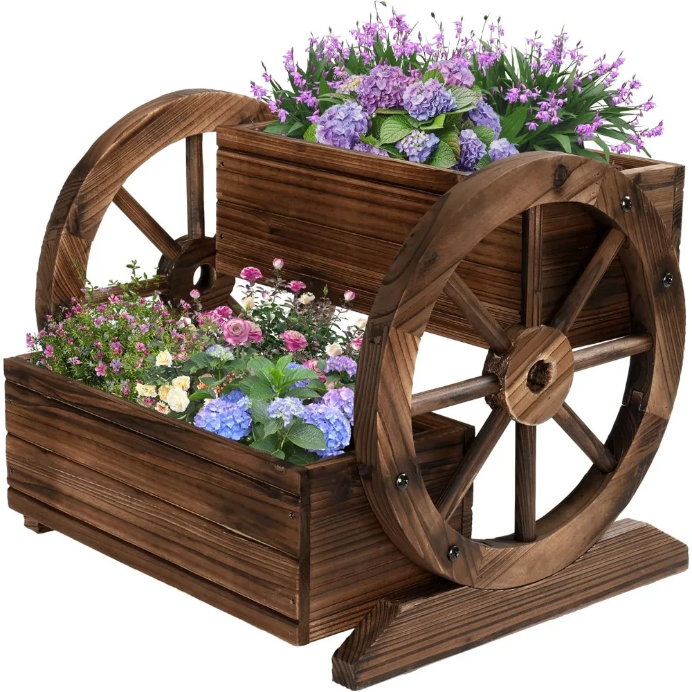 

Wooden Wagon Planter Box, Garden Planter with Wheels,Decorative Planter for Flowers Herbs Vegetables for Indoor & Outdoor Décor,