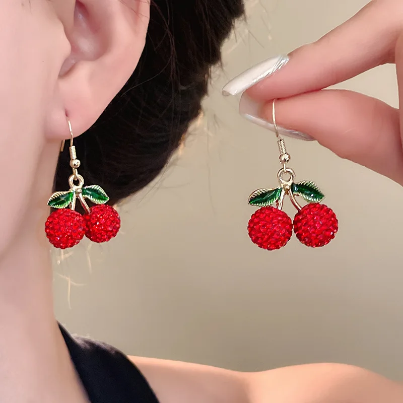 لطيف الكرز الأقراط استرخى للنساء الأحمر حجر الراين كريستال الأقراط الحلو الفاكهة الفتيات القرط الصيف الشاطئ الأزياء والمجوهرات #1