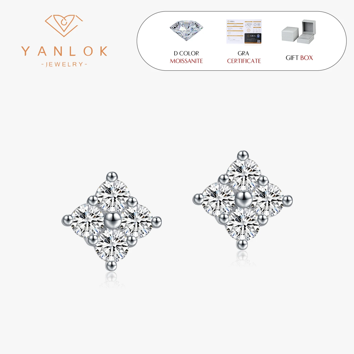 

YANLOK D Color Moissanite Ear Studs 925 Sterling Silver Simple Four Leaf Clover Stud Earrings For Women Wedding Fine Jewelry