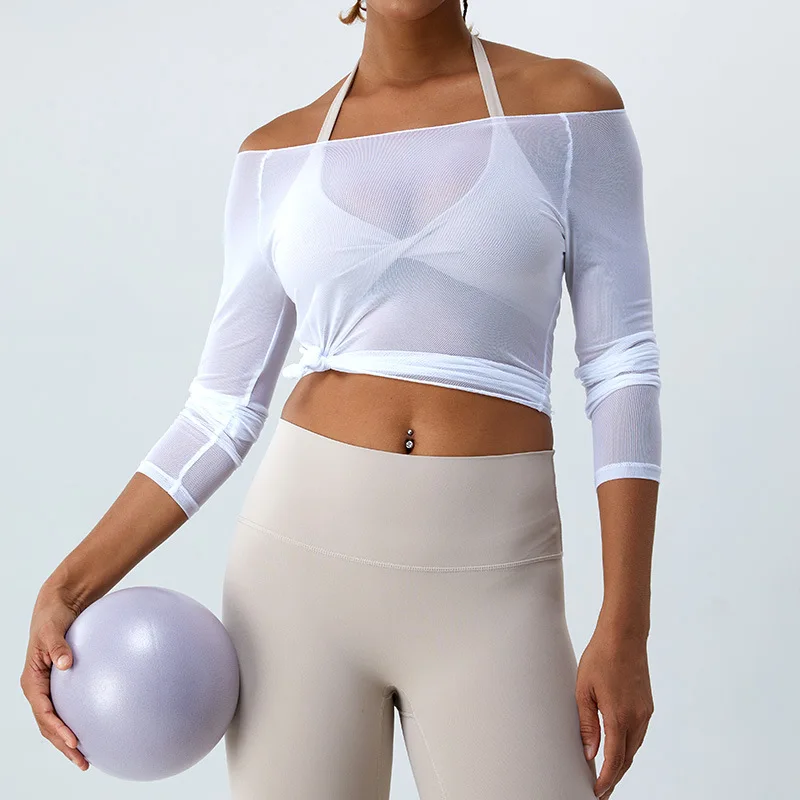 Sexy Net Yarn Patchwork Yoga Crop Tops Women Gym Fitness Running Long Sleeve Sport T Shirts Female Tight Dance Training Clothing