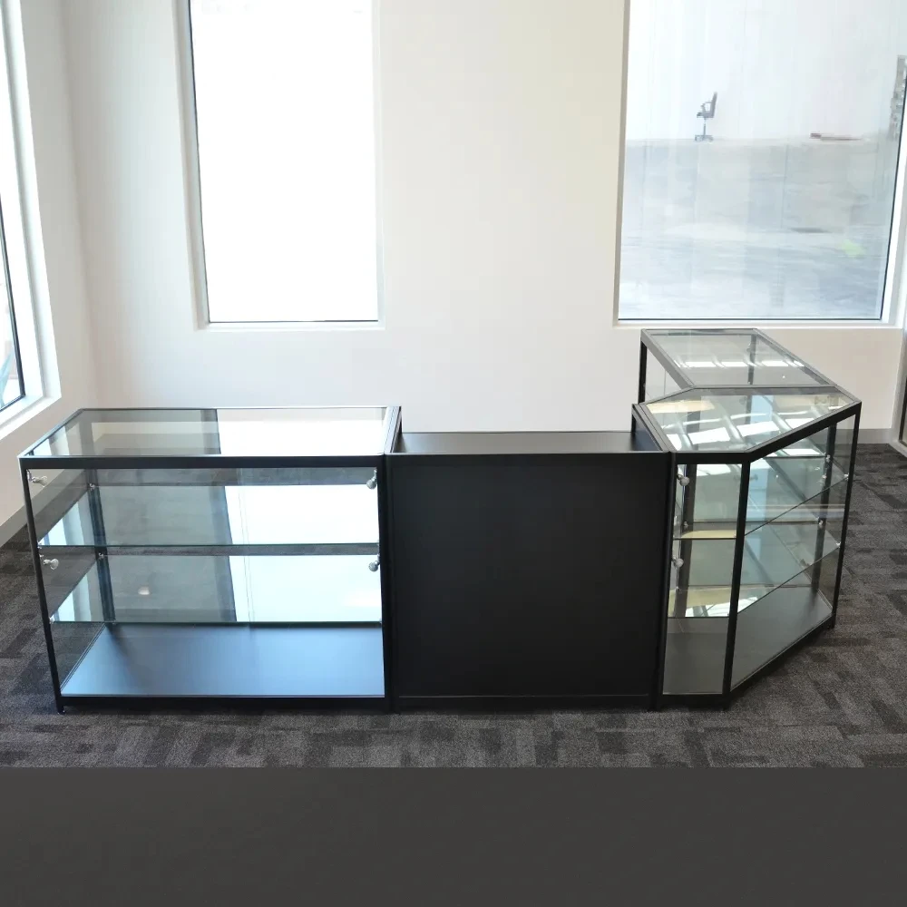 KEWAY L Shape Jewelry Display Counter Corner Showcase Retail Glass Cabinet