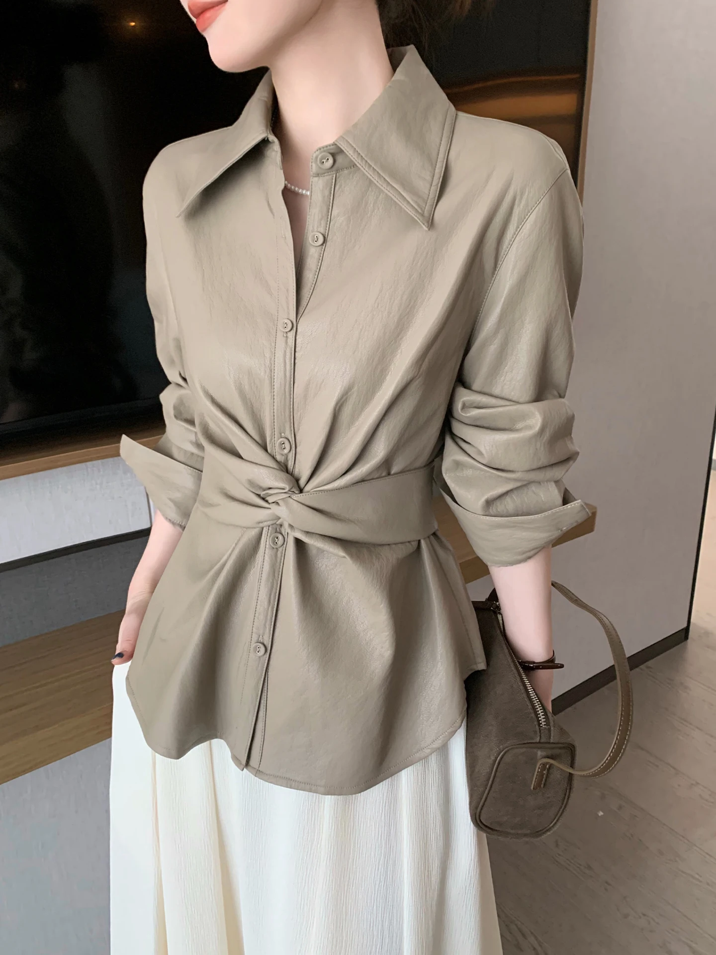 Giacca in Pelle PU Kaki a Maniche Lunghe con Colletto, Nuova Collezione Autunno 2025, da Donna, con Cintura, Effetto Snellente, alla Moda, per il Pendolarismo