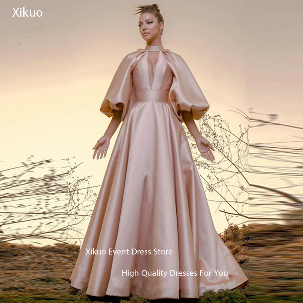 

Xikuo Graceful Pink Satin Evening Gowns A Ling High Neck Pleated Robe Cocktail Femmes Backless Party Prom Dresses Customized