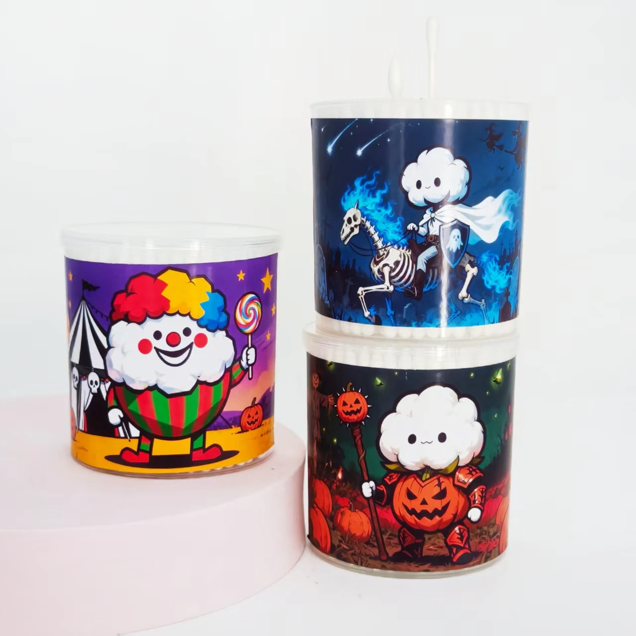 800개/1000개 할로윈 테마 모델링 면봉 실린더 박스 화이트 코튼 볼 휴일 선물 코튼 볼