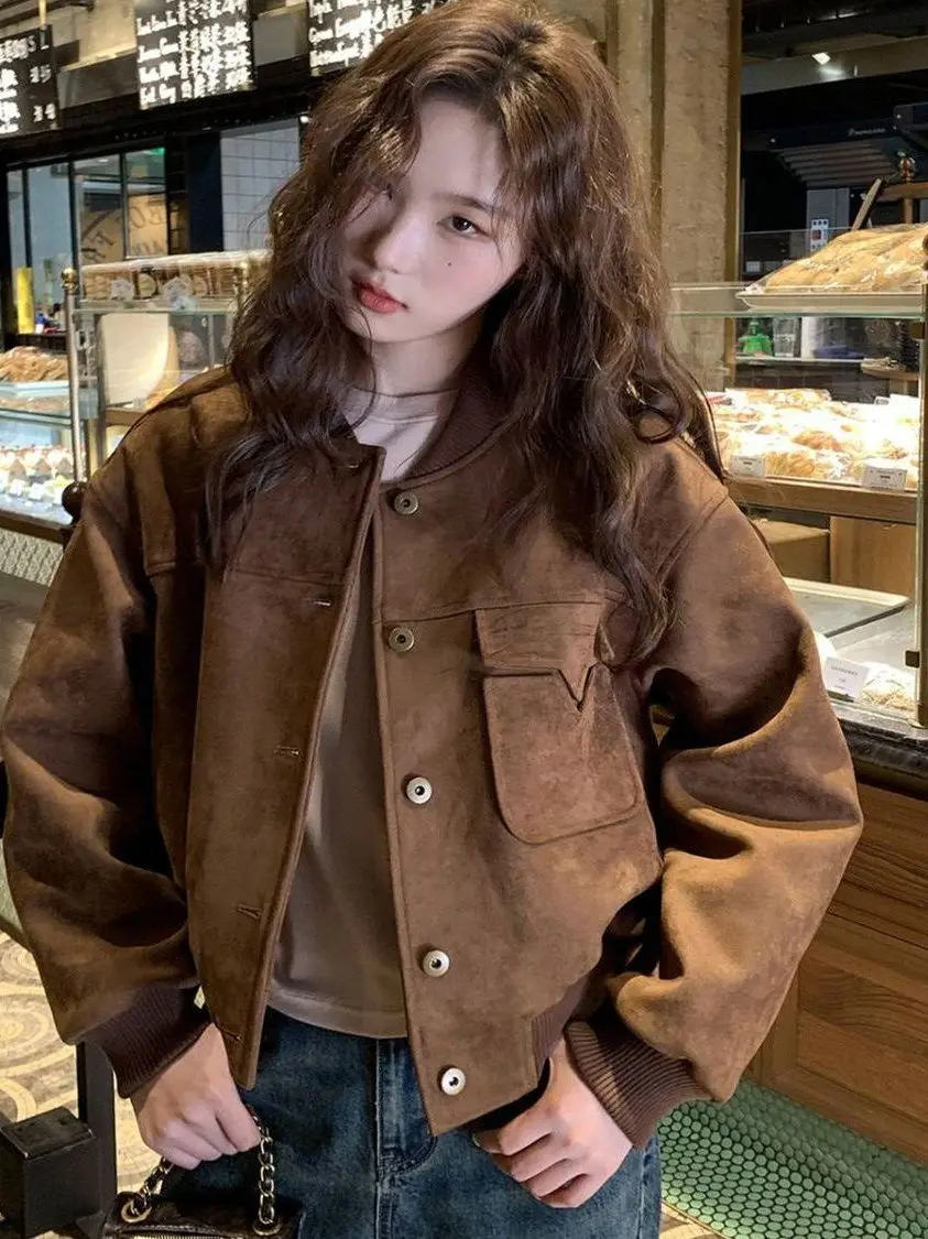 

American Retro Suede Baseball Jaet Women's ort Motorcycle Jaet Autumn New Sle Small Size Loose Fit Pure Color