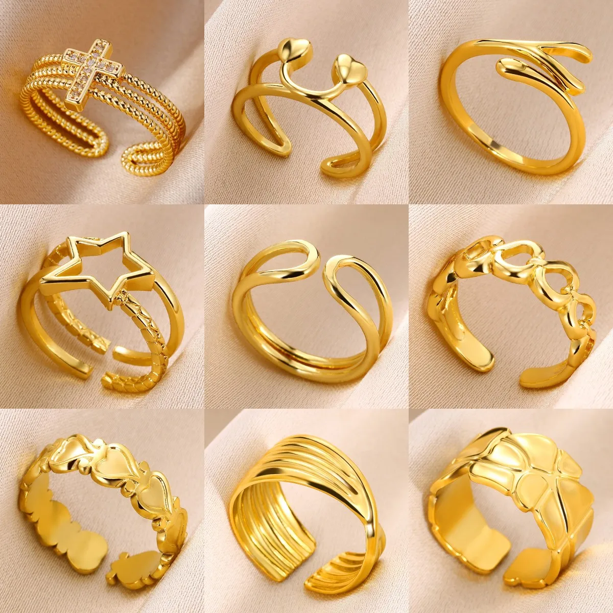 Multi-layered Stainless Steel Smiley Face Open Rings Gold Color Heart-shaped Adjustable Rings Classic Jewelry Free Shipping