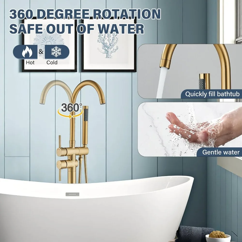 Grifo de bañera independiente con montaje en suelo y acabado en oro cepillado, sistema de ducha de alto flujo que incluye mezclador de ducha de mano Ta