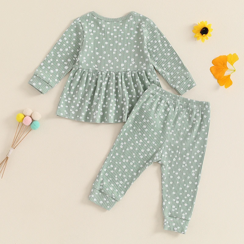 Kids Spring Autumn Clothes Girl Ribbed Floral Print Long Sleeve O-neck Tops+Pants Set Children\'s Clothing