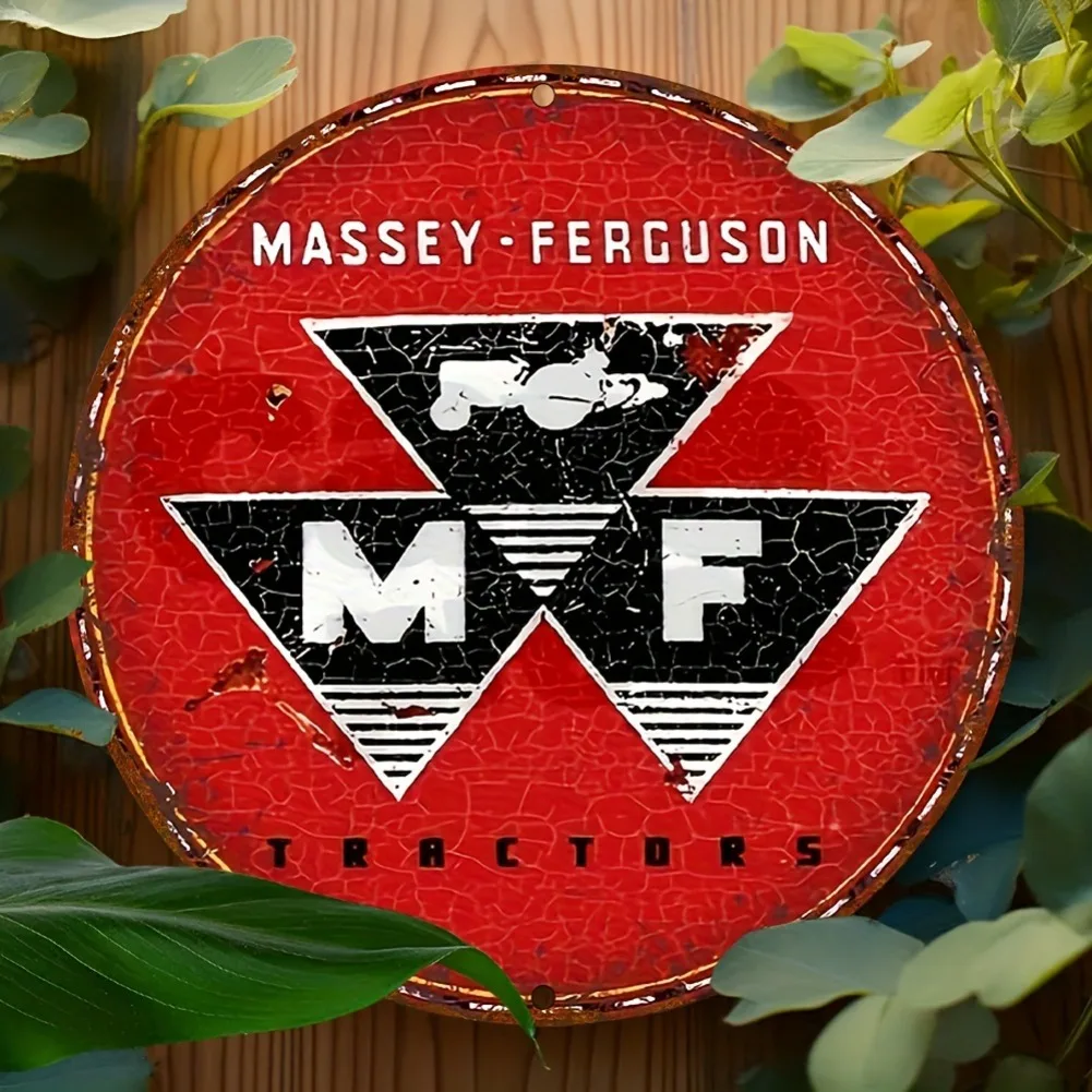 Letrero Metálico Redondo Vintage de Tractores Massey Ferguson, Decoración de Pared con Logotipo Rojo Desgastado, Letrero de Estaño Rústico Agrícola Resistente a la Intemperie