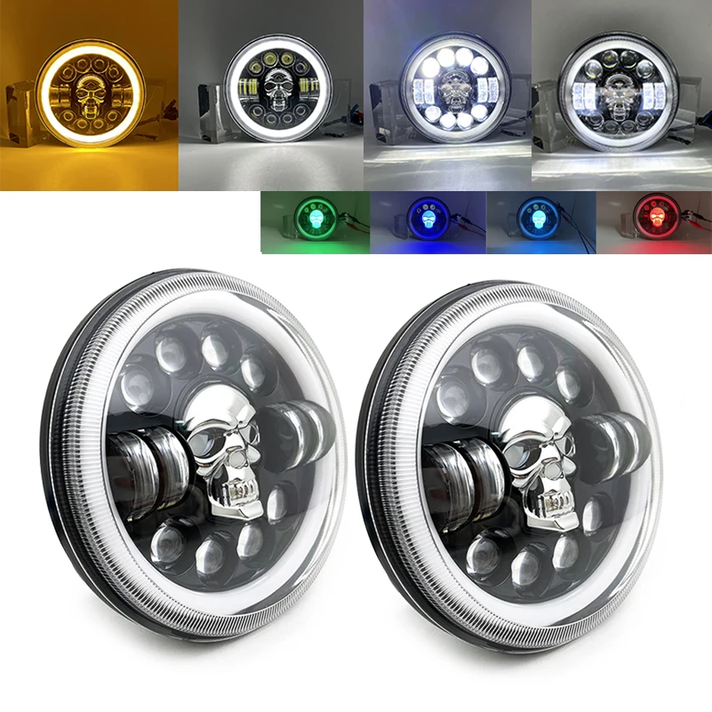 

7Inch Car HeadLight Hi/Lo Beam Skull H4 Angel Eyes LED Running Lamp For Jeep Wrangler Lada 4x4 Niva OffRoad Hummer.