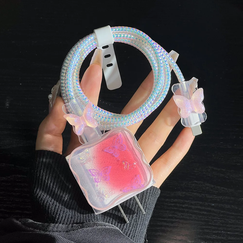 Kawaii Cute Clear Bowknot Pearl Wave Border Epoxy USB Protector Cover For iPhone 18W-20W Data Line Head Cord Fast Charging Case